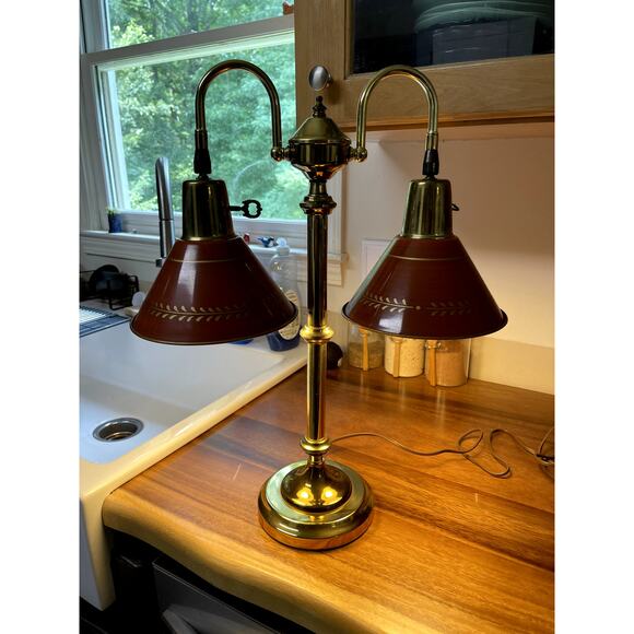 Vintage Mid Century Desk Lamp Double Tole Burnt Orange Gold Shade Brass 21" - Picture 3 of 4